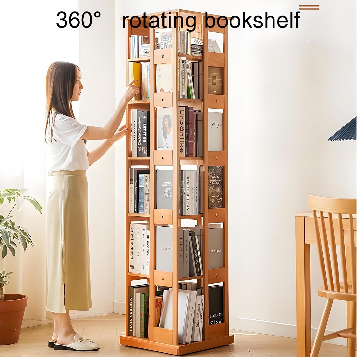 Rotating book shelf,unique bookshelf,room decor,spinning bookshelf tower,book case revolving,modern bookshelf,rotating bookcase,Suitable for living room, bedroom, study, office, balcony(Primary color,