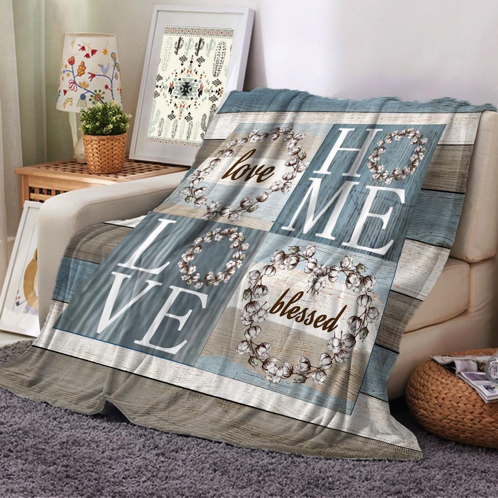 Rustic Floral Flower Sweet Love Home Fabric Throw Blanket, Farmhouse Country Vintage Wood Plank Cotton Soft Warm Fleece Blanket for Living Room Couch Bed Chair or Dorm, 50"x60"