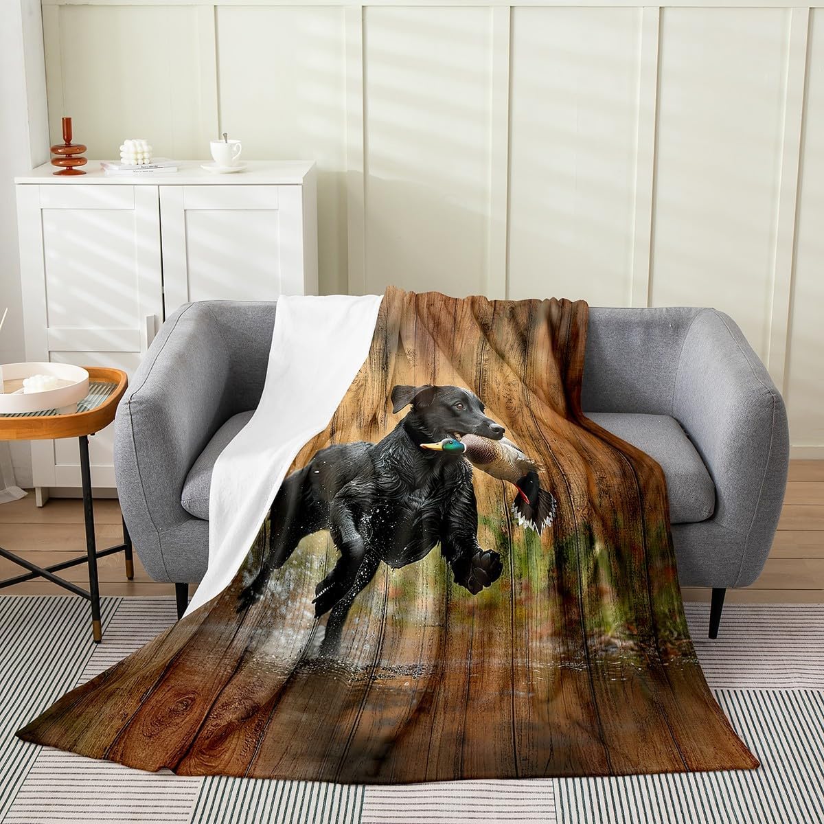 Feelyou Duck Hunting Fuzzy Blanket Throw 50"x60" Black Dog Mallard Duck Hunting Flannel Fleece Throw Blanket for Sofa Couch Farmhouse Cabin Wood All Season Bed Blanket Plush Blanket