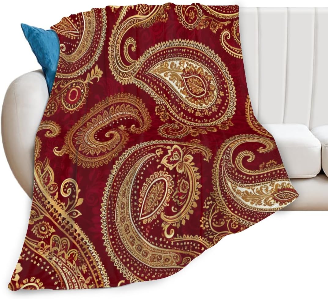 Soft Throw Blanket Burgundy Red and Gold Paisley Pattern Print Floral Paisly Design Lightweight Blanket for Beds, Sofas & Couches - All Seasons Home Décor