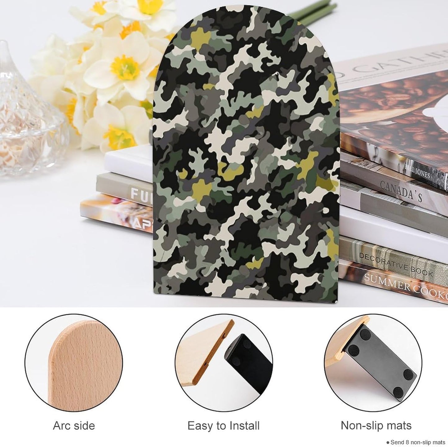 Abstract Camouflage Bookend for Shelves Wooden Book End Large Size Sturdy Book Holders Stoppers with Metal Base for Bookshelves Slick Decorative Bookends Stands