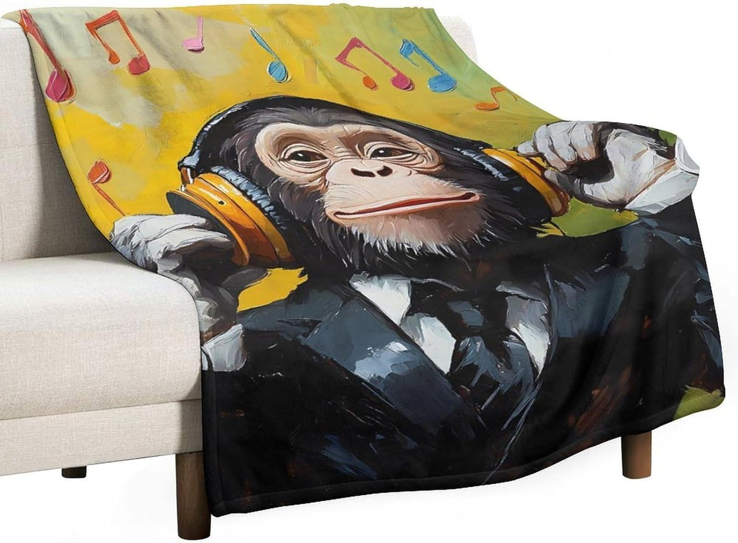 Monkey Music with Headphones Throw Blanket for Couch Bed Plush Cozy Fuzzy Flannel Blanket for All Season 40"x50"
