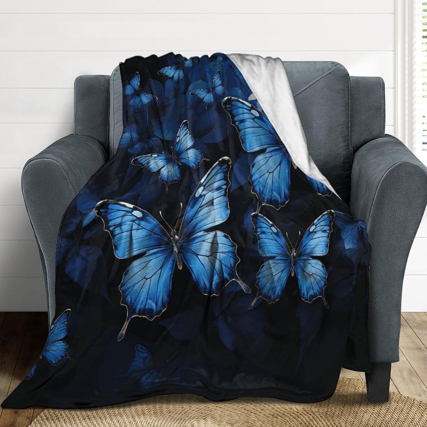 Dark Blue Butterflies Throw Blanket for Couch Super Soft Warm Lightweight Throw Blankets Cozy Flannel Bed Blanket Cute Decorative Blankets for All Seasons Home Decor Gift 30"*40"（76 * 100cm）