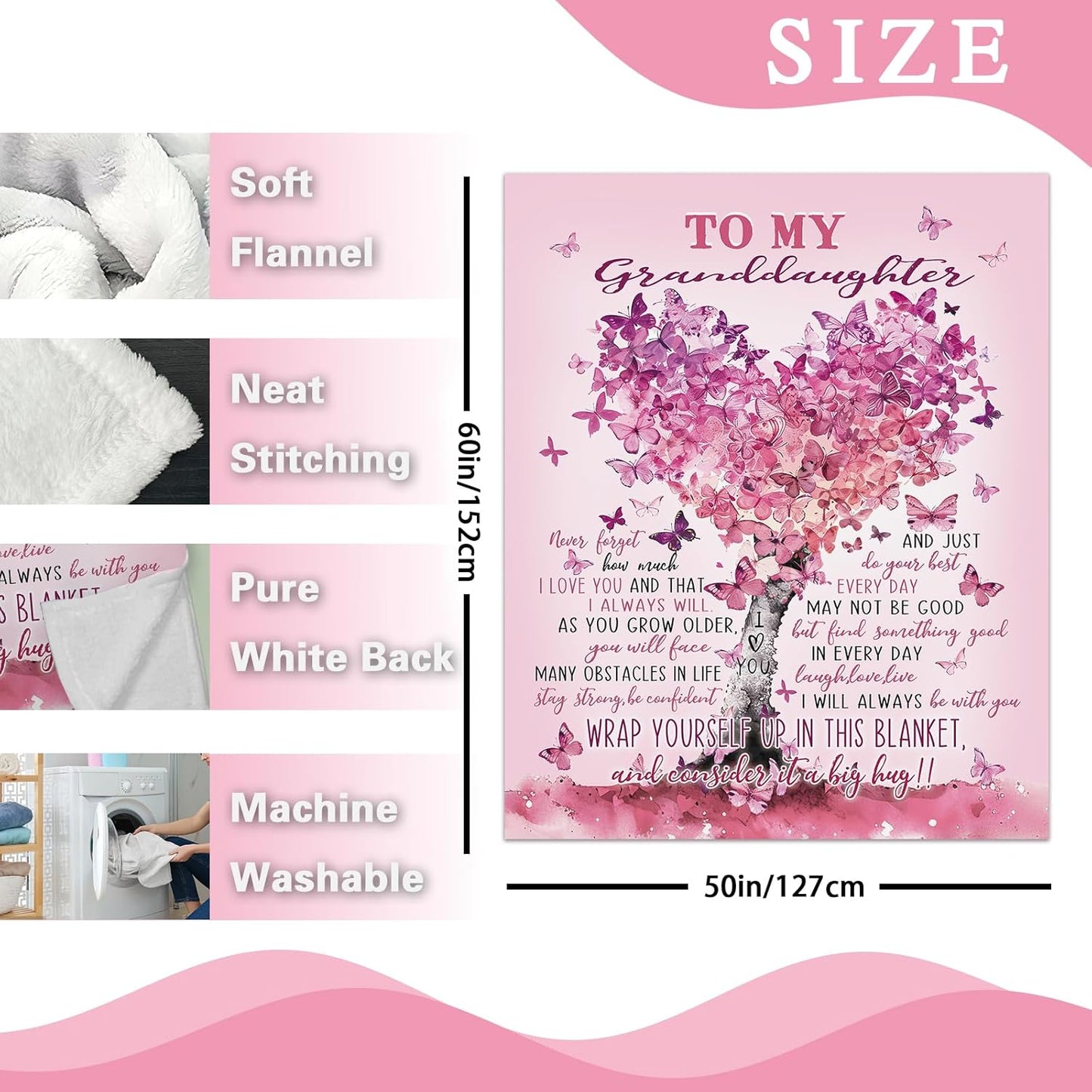 Gifts for Granddaughter from Grandma Grandpa Flannel Throw Blanket, To My Granddaughter Birthday Christmas Graduation Gift Ideas, Pink Love Heart Tree Blanket Present for Girls Teen 50'' x 60''