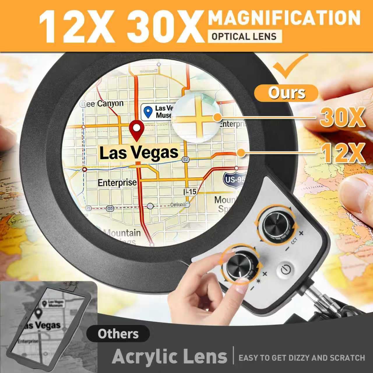 30X 12X Large Floor Magnifying Glass with Light and Stand, Floor Magnifying Lamp Adjustable Height,Infinite Color Dimmable, 4-in-1 Lighted Magnifier lamp for Close Work,Reading,Painting, Hobby（Black）