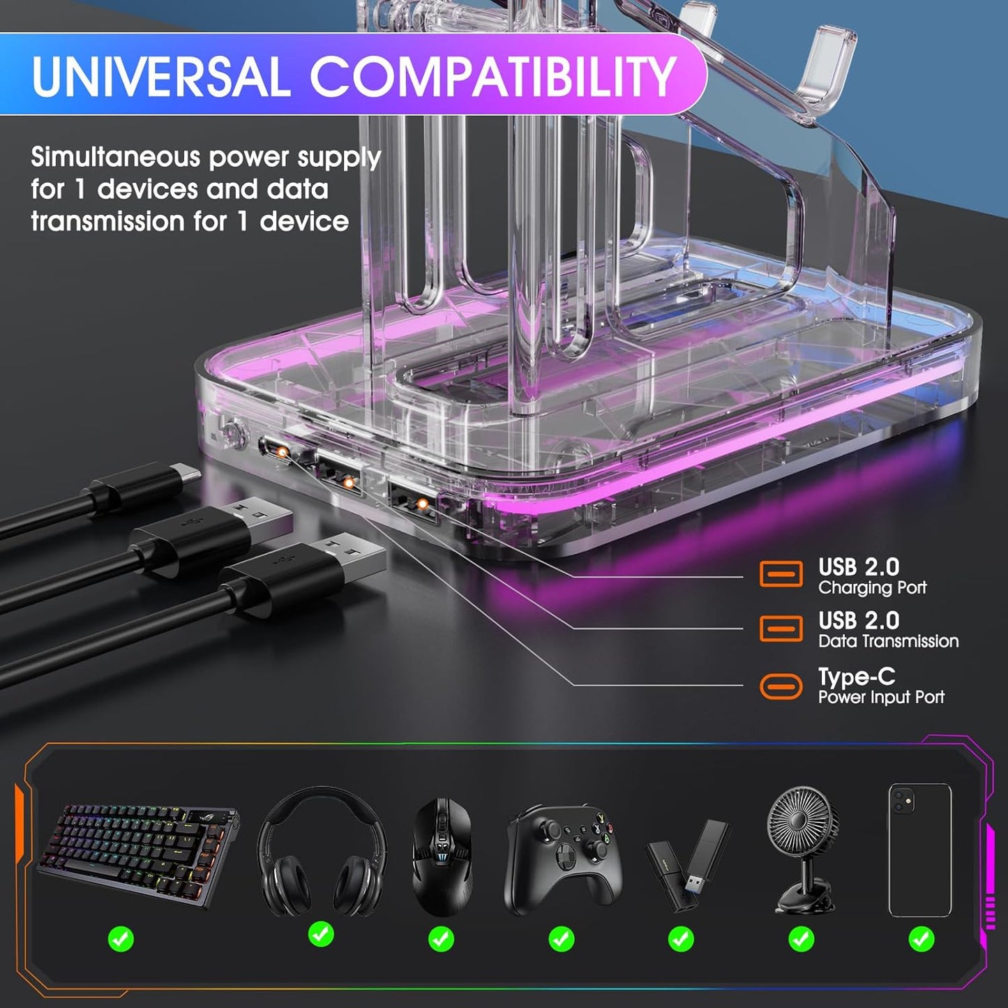 Luckit Gaming Headphones Stand, RGB Headset Stand with 2 USB Charging Ports, Dual Controller Holder with Light Modes, Earphone Hanger Accessories for Desktop Gamer