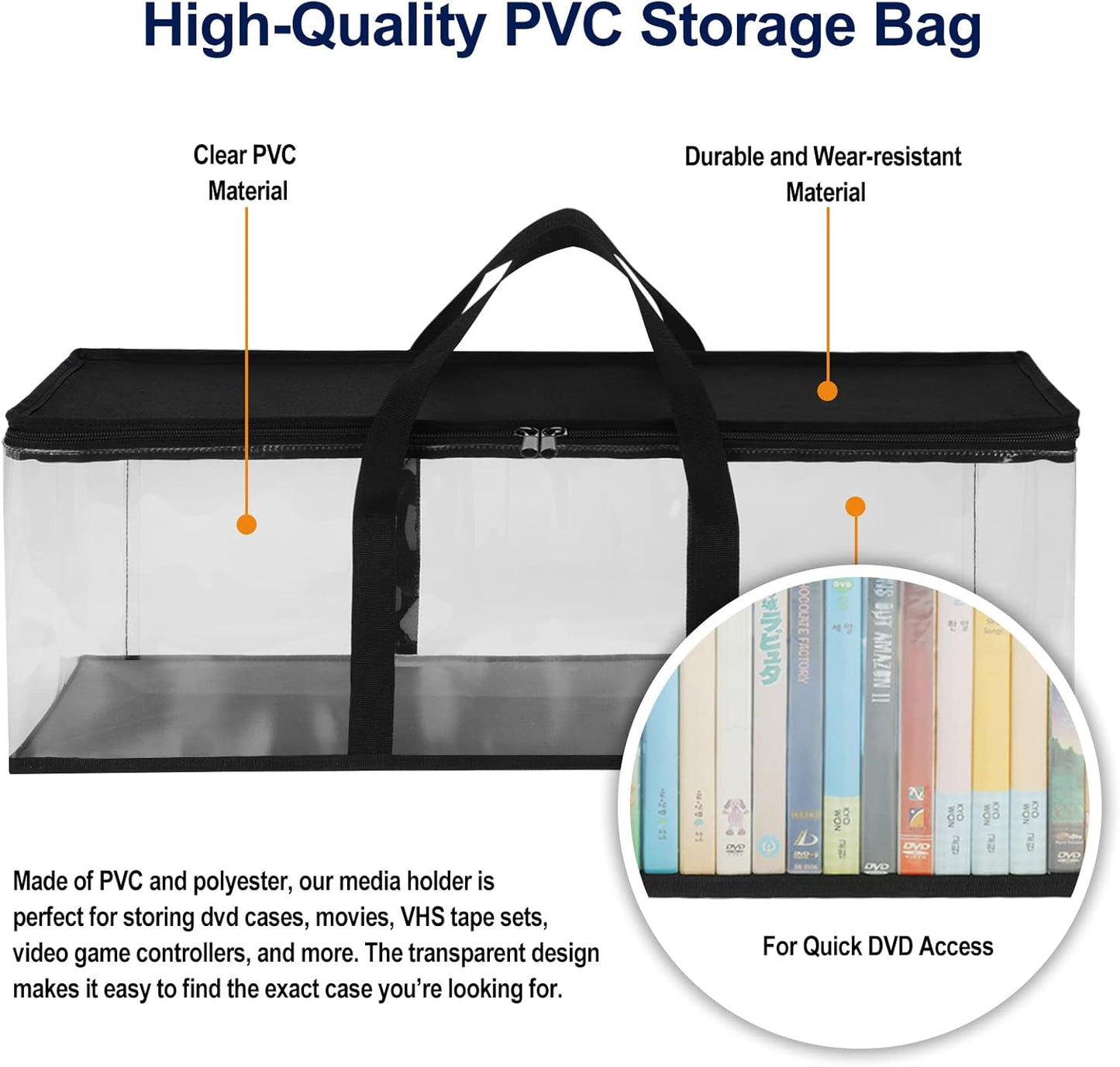 CCidea DVD Storage Bags (Set of 2) Clear PVC Media Holder Case with Handles for DVDs/CDs/VHS Box/Blu Ray Disc/Movie Cases/Video Games Discs - Each Bag Holds up to 40 DVDs