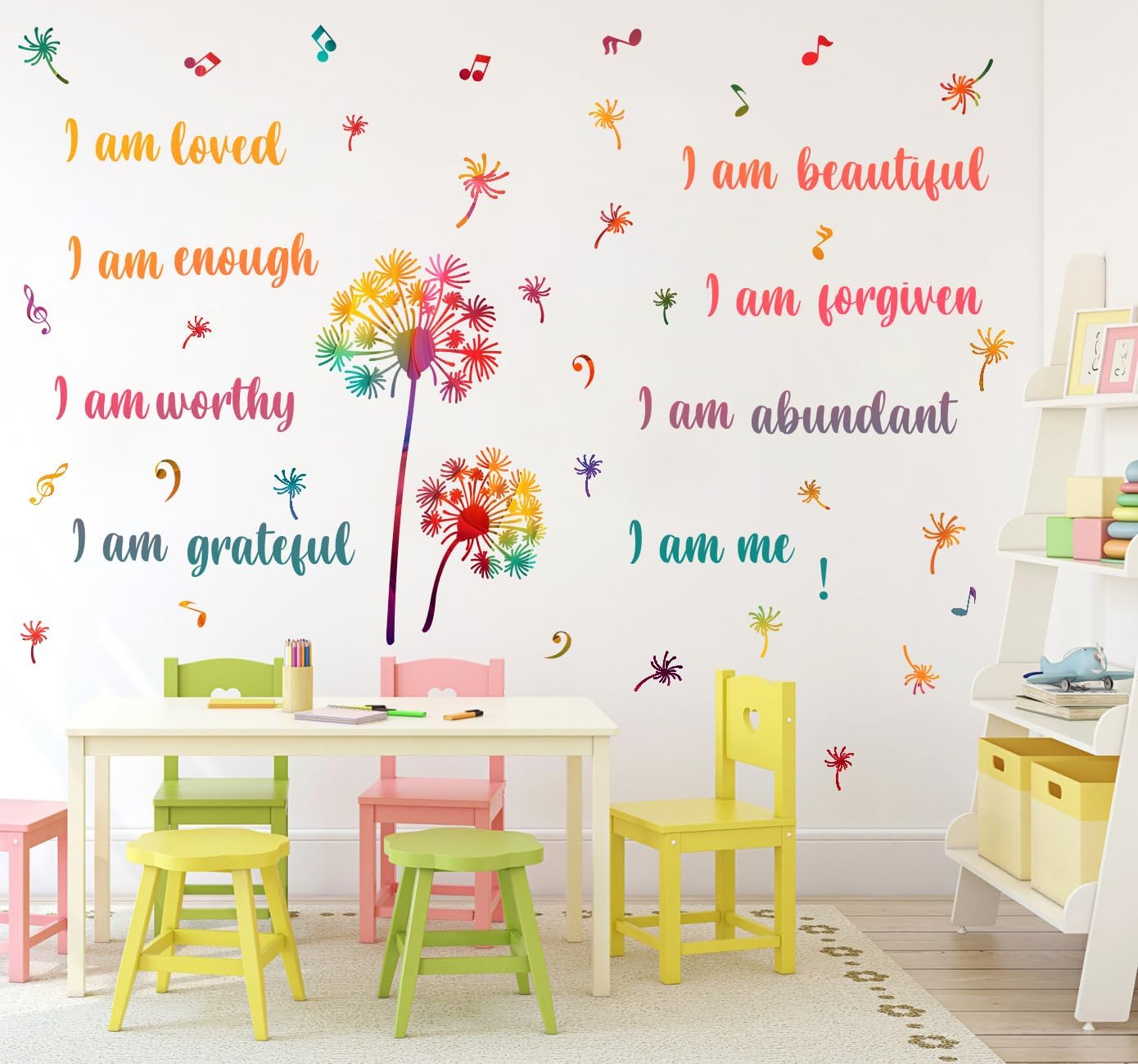 Colorful Dandelion Wall Stickers, Motivational Quote I Am Affirmation Vinyl Wall Decals, Removable Dandelion Flying Musical Note DIY Wall Art for Kids Bedroom Office Classroom Decor