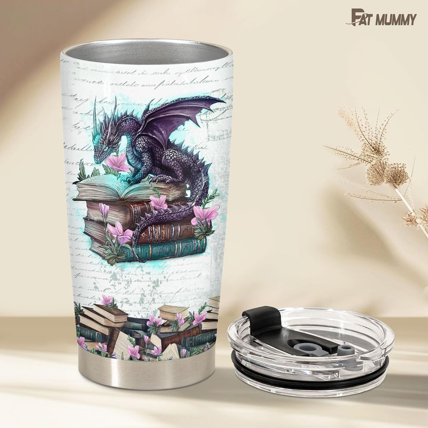 Bookish Dragon Tumbler – It’s Not Hoarding If It’s Books, Fantasy Inspired Stainless Steel Travel Mug with Lid, Bookworm Gift for Men and Women