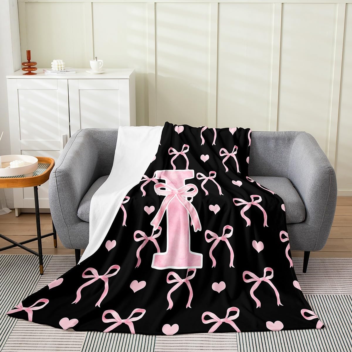 Erosebridal Letter I Throw 50x60 Inch for Girls Teen Women Aesthetic Coquette Bowknot Fleece Blanket Black Pink Cute Love Heart Flannel Blanket Alphabet Sweet Princess Microfiber Fuzzy Plush Throw