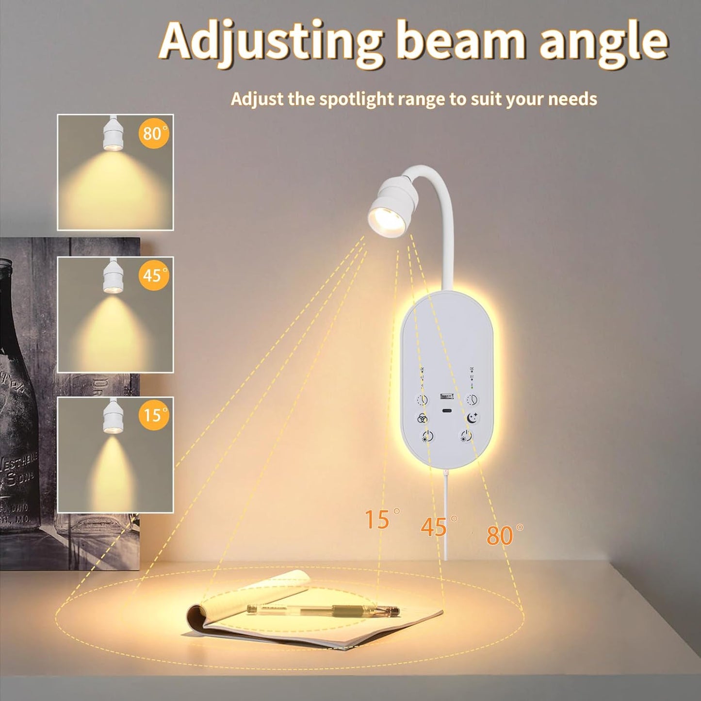 Books Lights for Reading Set of 2, Bedside Wall Mounted Reading Light with 3 Color Temperature & Timers, Touch Control Stepless Dimmable Wall Sconces, Flexible Gooseneck Bed Lights for headboard