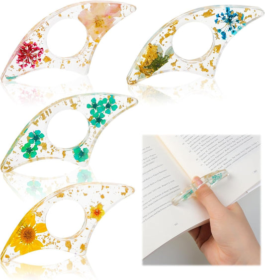 logohu 4 Pcs Thumb Book Page Holder, Dried Flower Resin Bookmark, Transparent Handmade Personalized Book Page Clip, One Handed Book Accessories for Reading Lovers Teachers Students