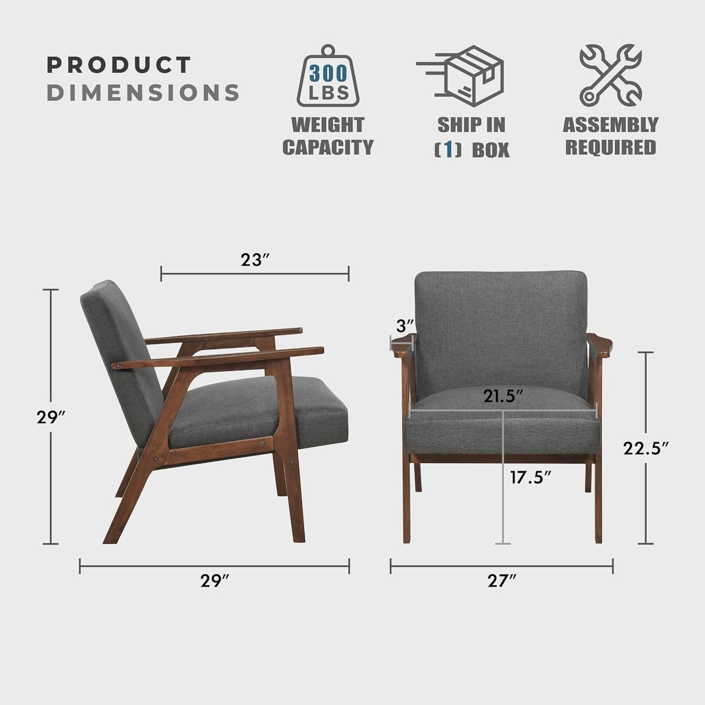 Lexicon Mid Century Modern Accent Chair, Upholstered Lounge Armchair, Single Sofa Seat, Brown Finish Solid Wood Framed Comfy Side Chairs for Living Room/Bedroom/Office/Waiting Area, Dark Gray