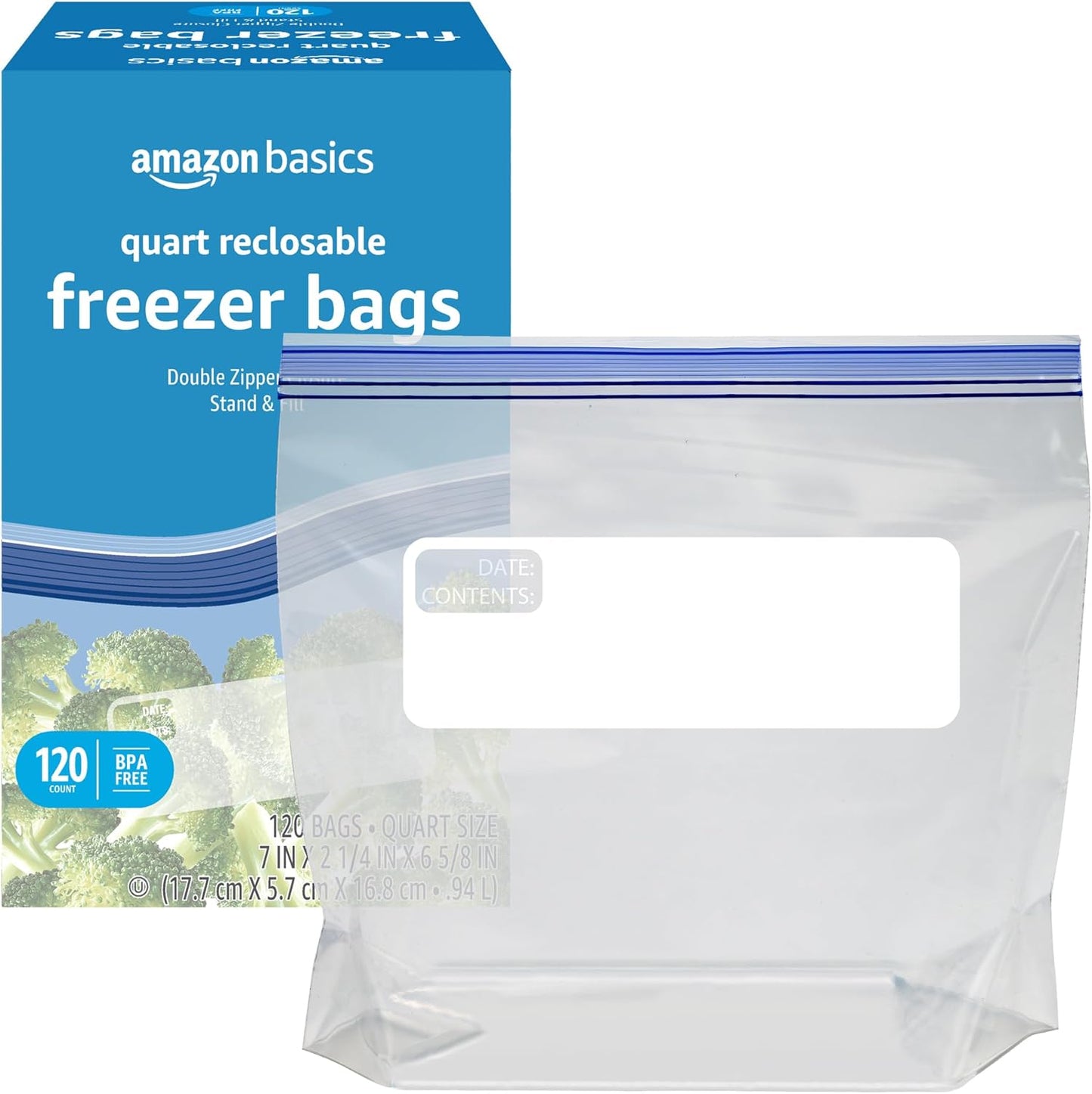 Amazon Basics Reclosable Freezer Quart Food Storage Bags with Zipper Seal, BPA Free, Stand and Fill, Airtight, 120 Count (Previously Solimo)