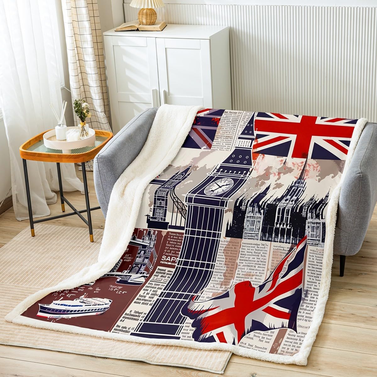 Manfei London Throw Blanket Telephone Booth Big Ben Bus Print Bed Blanket for Kids Boys Teens, British Flag and Map Print Fleece Blanket Modern City Cozy Fuzzy Blanket, Queen Size (90 x 90 Inches)