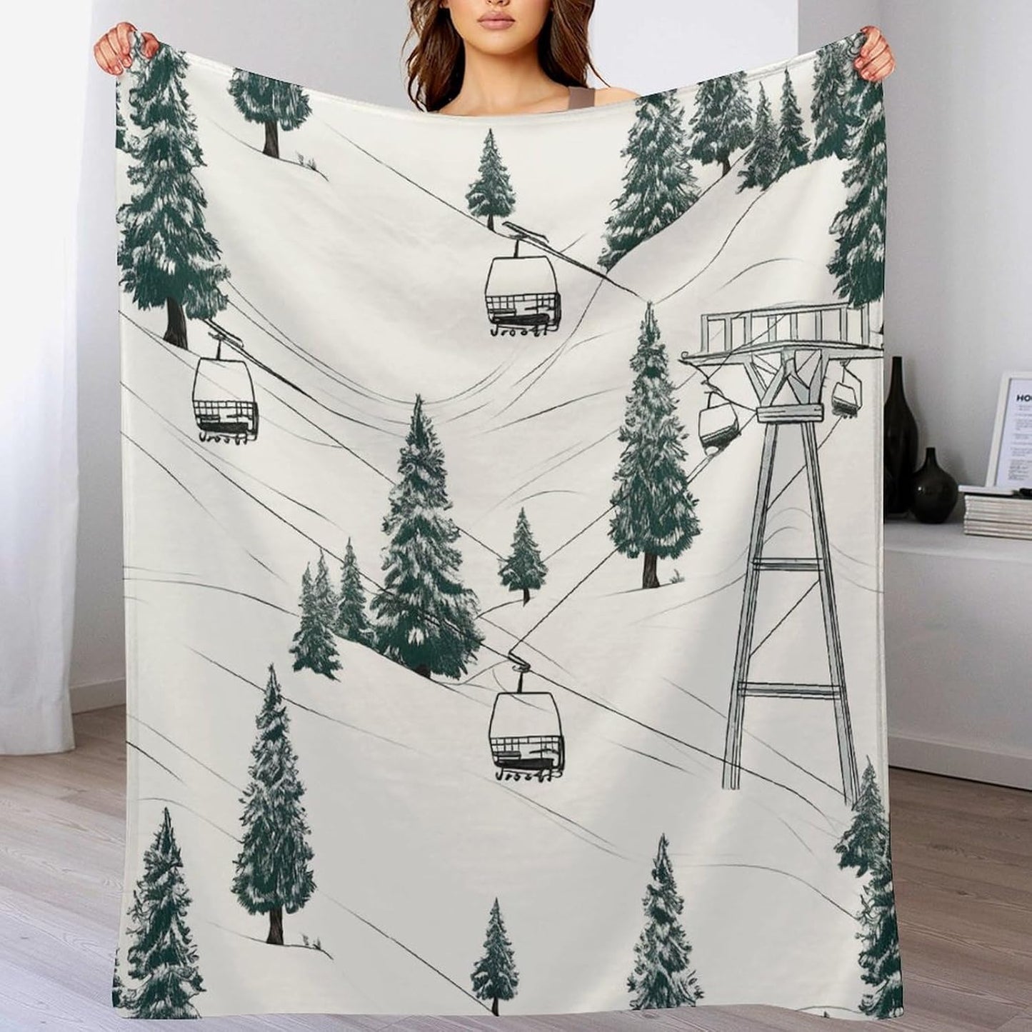 Ski Lift with Fir Tree Blanket Super Soft Lightweight Throw Blanket Cute Cozy Warm Bed Blanket Decorative Fuzzy Blanket All-Season Home Decor Gift for Sofa Couch Living Room 60"*80"（150 * 200cm）