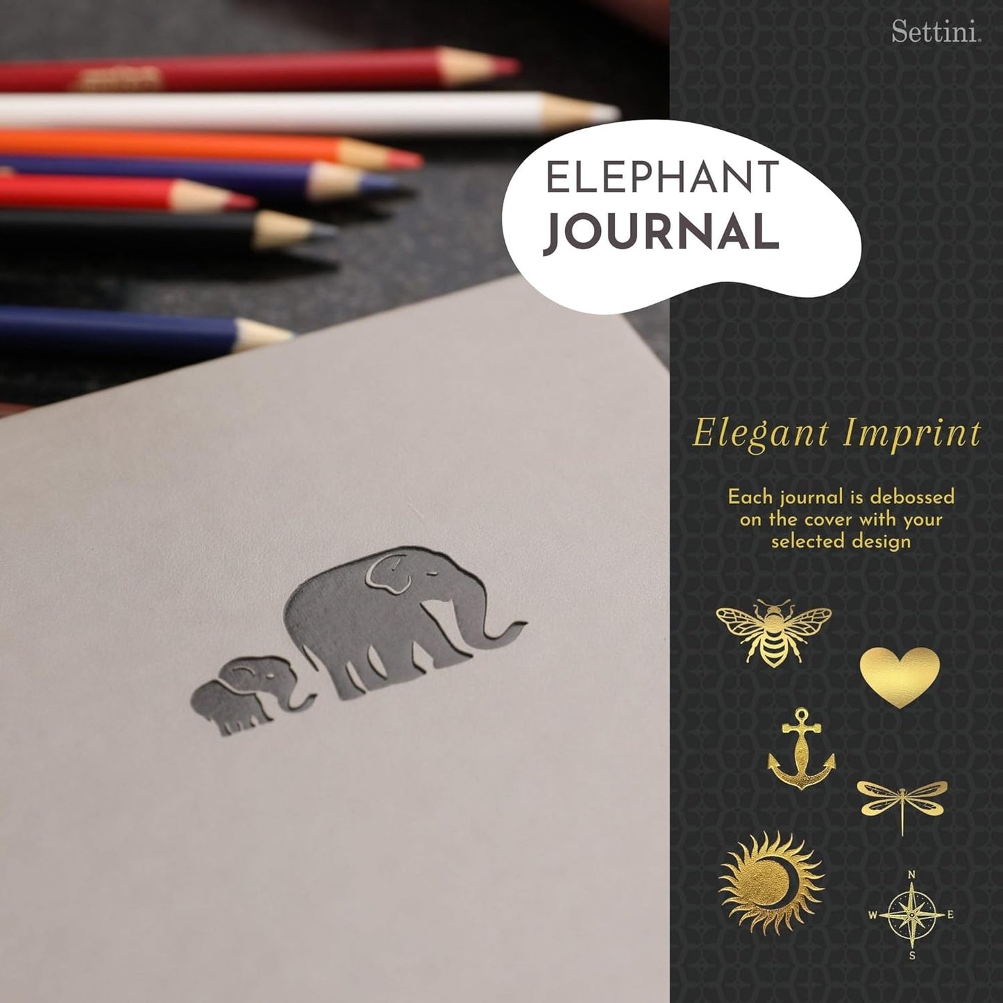 SETTINI Dotted Journal, Ideal for Bullet Journaling - A5 Vegan Leather Notebook, 192 Archival-Quality Pages, QuillEase Bleed-Free Paper, Inner Pocket & Bookmark - Elephant Gifts, Grey Elephants
