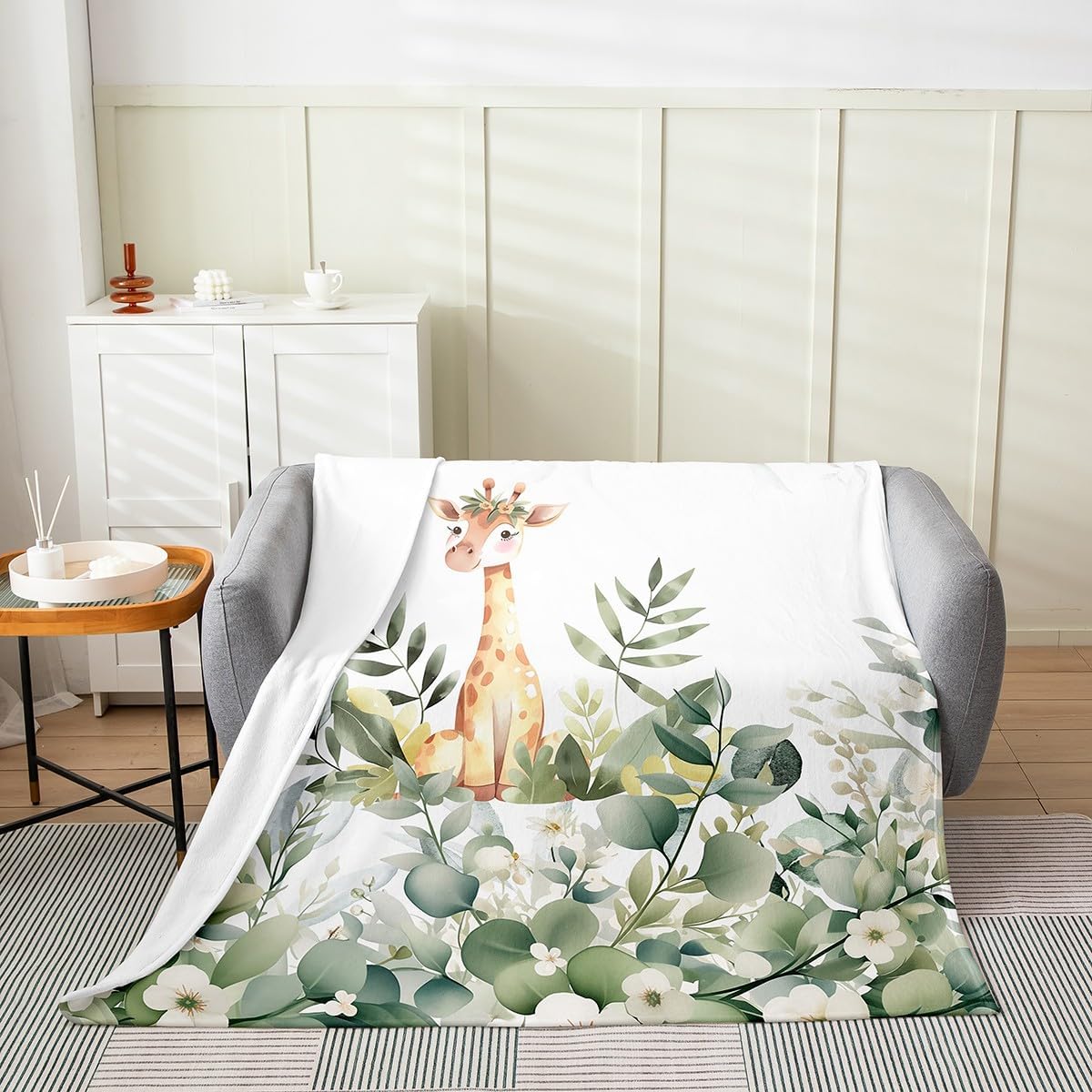 Erosebridal Giraffe Blanket Twin 60X80,Kawaii Giraffe Throw Blanket,Cartoon Animal Fleece Blanket,Green Plant Flowers Fuzzy Blanket for Kids Boys Girls Toddler Children