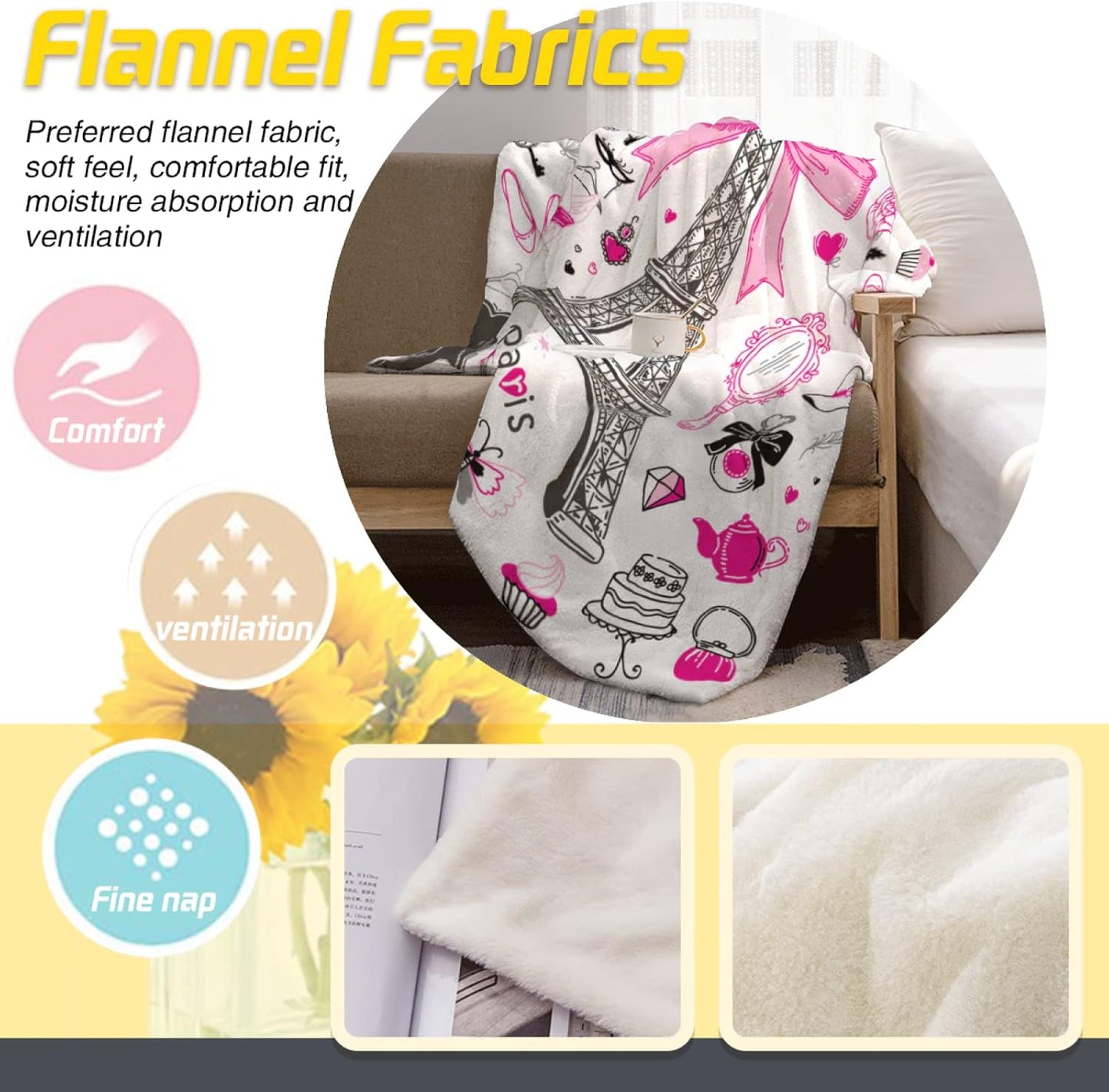 Romantic Paris Throw Blanket Girly Pretty for Women Girls Super Soft Warm Bed Bedding Blankets for Couch Bedroom Sofa Office Decor, All Season Cozy Flannel Plush Blanket Gifts, 60 X 40 Inch