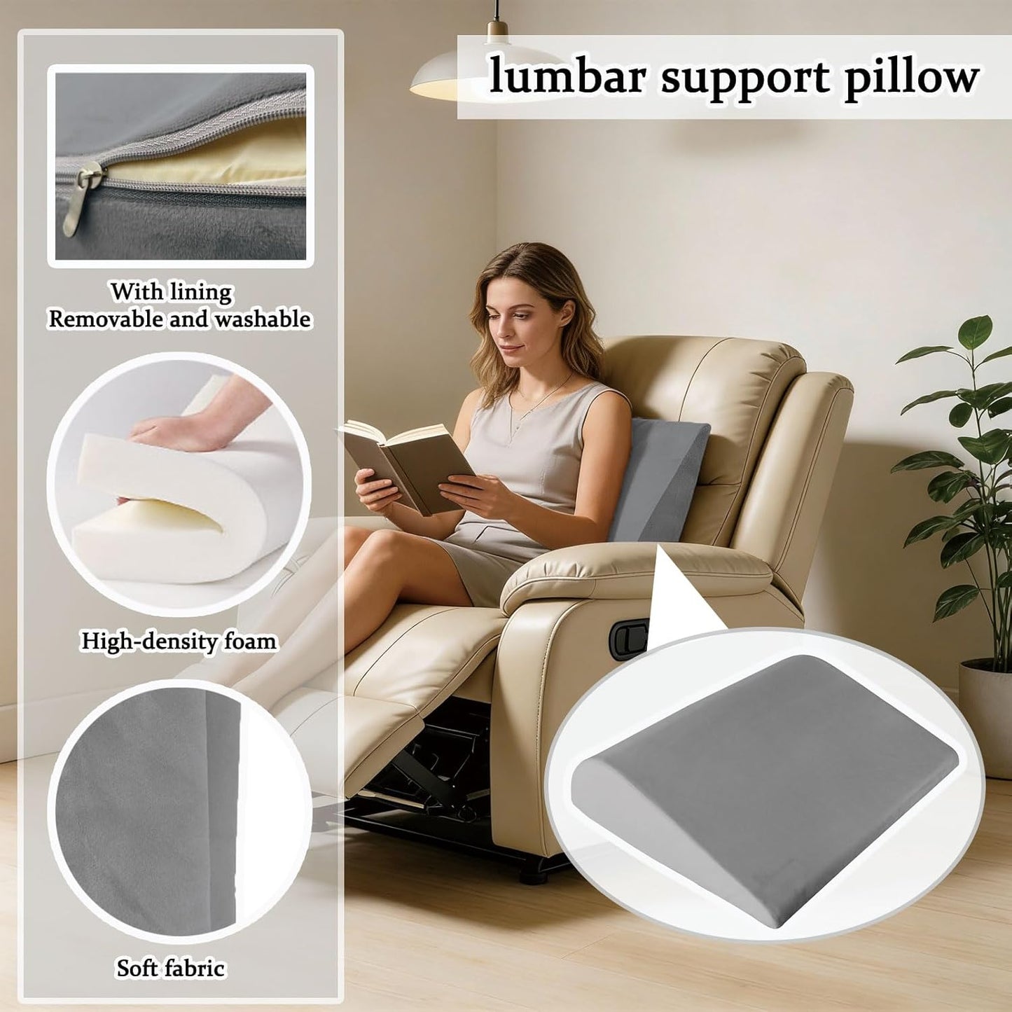 Lumbar Support Pillow for Recliner, Ergonomic Backrest for Elderly Pain Relief Great for Chair, Reading in Bed, Sofa Back Support with Washable Cover (Dark Grey)