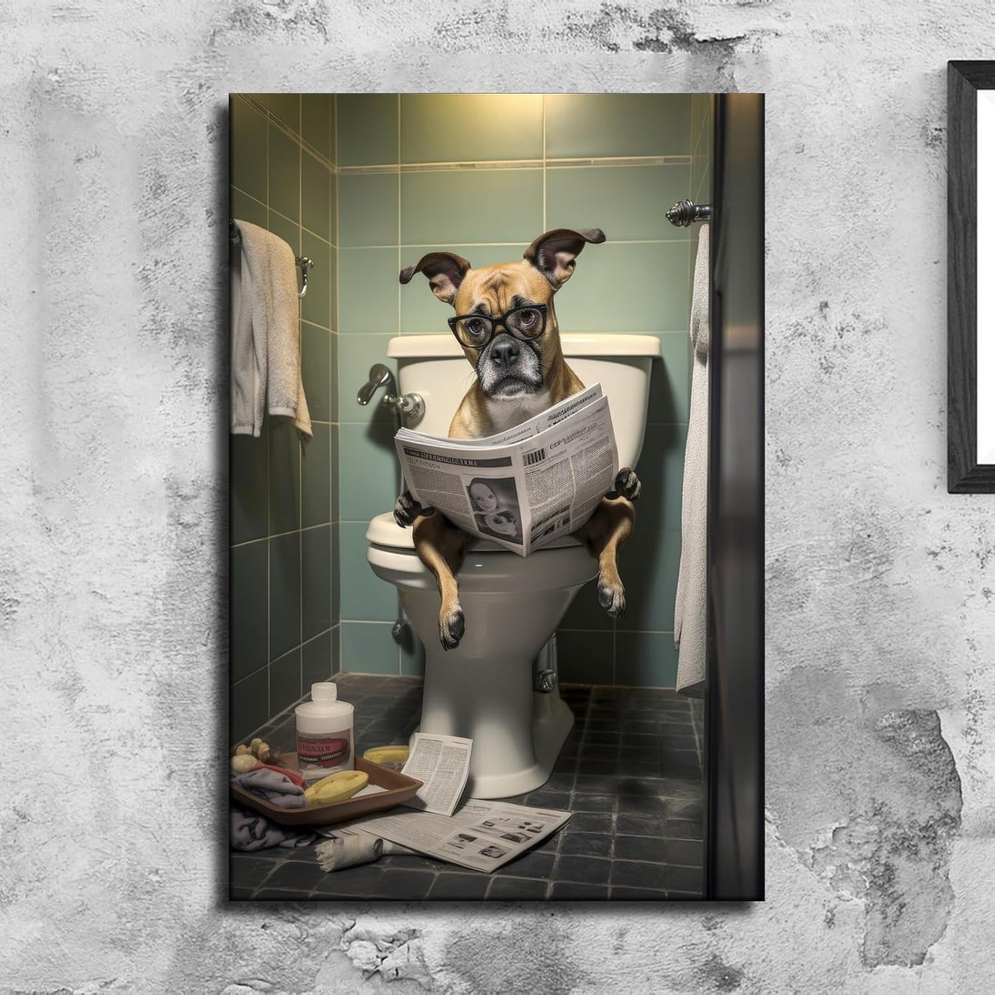 GoDdis Funny Bathroom Wall Art Dog Reading Newspaper In Toilet Wall Art Poster Modern Wall Art living room wall art bedroom wall decor Canvas Printins (16x24inch-No Framed)
