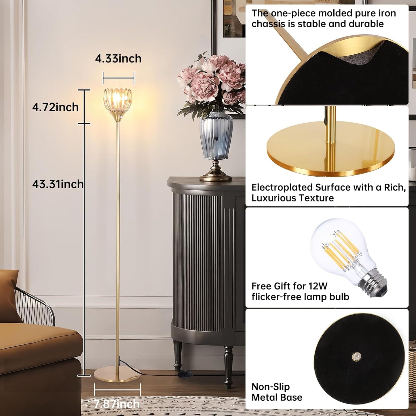 Floor Lamps for Living Room, Bedroom, Gold Standing Lamp with 12W Bulb, Vintage Floor Lamp for Reading, Nursery, Corner (Amber Tulip)