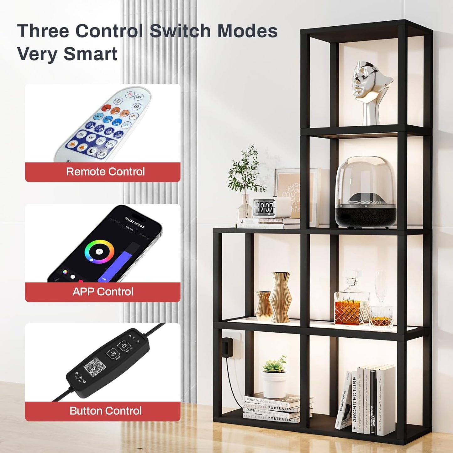 Display Shelf with LED Light Standing Floor Lamp with Glass Storage Shelves for Collectibles, 5 Tier Tall Corner Shelf Open Curio Cabinet for Living Room, Bedroom, Office, Home Decor