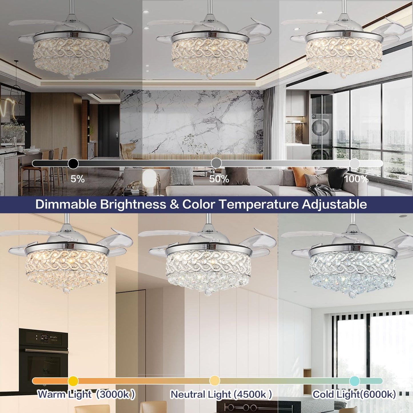 48" Crystal Ceiling Fan with Light and Remote，Dimmable Fandelier with Invisible Retractable Blades, Modern Chandelier Ceiling Fans with Lights for Bedroom Living Room 6 Speed Chrome