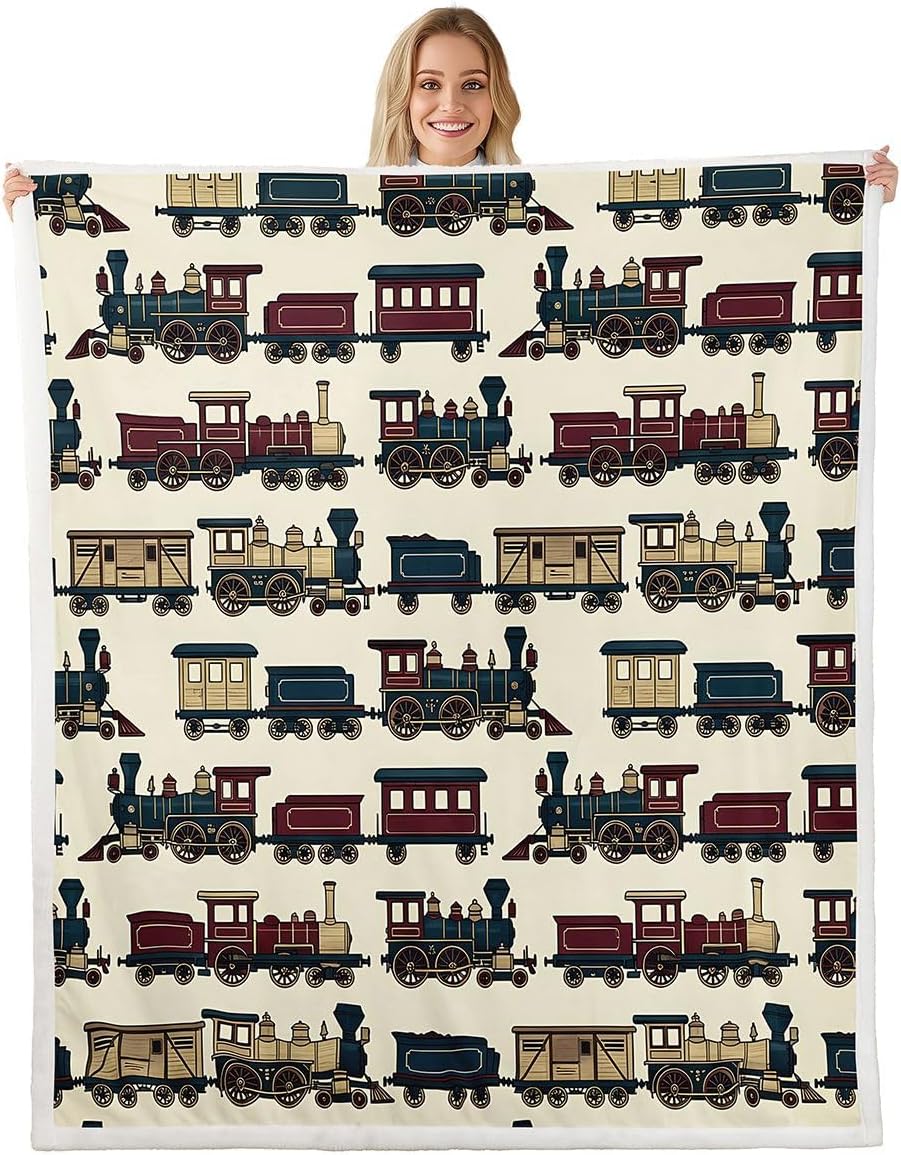 Feelyou Vintage Train Sherpa Throw Blanket for Couch Cartoon Steam Engine Super Soft Cozy Fleece Car Theme Blanket for Winter, Plush Throw Truck Tractor Baby 30"x40" All Season