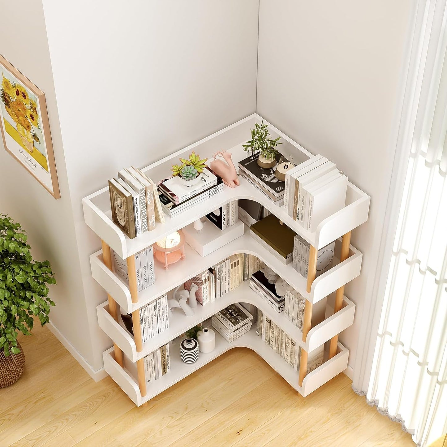 Wooden Reversible Corner Bookshelf - Modern 4 Tiers L-Shaped Bookcase with Solid Wood Frame and Edge Protection for Home and Office, Open Storage Shelf, White