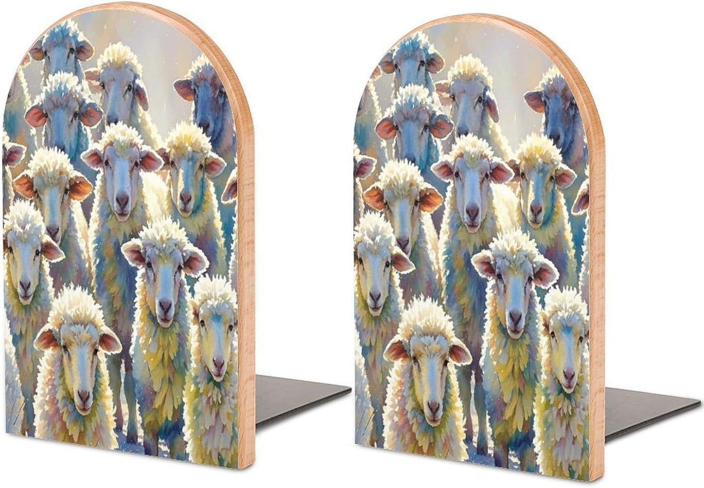 Watercolor Sheeps Bookends 1 Pair Heavy Duty Book Ends for Shelves Non-Skid Bookend Supports Wooden Book Holders with Metal Base Desk Organizers Books Storage to Hold Books