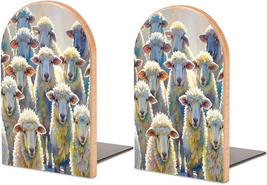 Watercolor Sheeps Bookends 1 Pair Heavy Duty Book Ends for Shelves Non-Skid Bookend Supports Wooden Book Holders with Metal Base Desk Organizers Books Storage to Hold Books