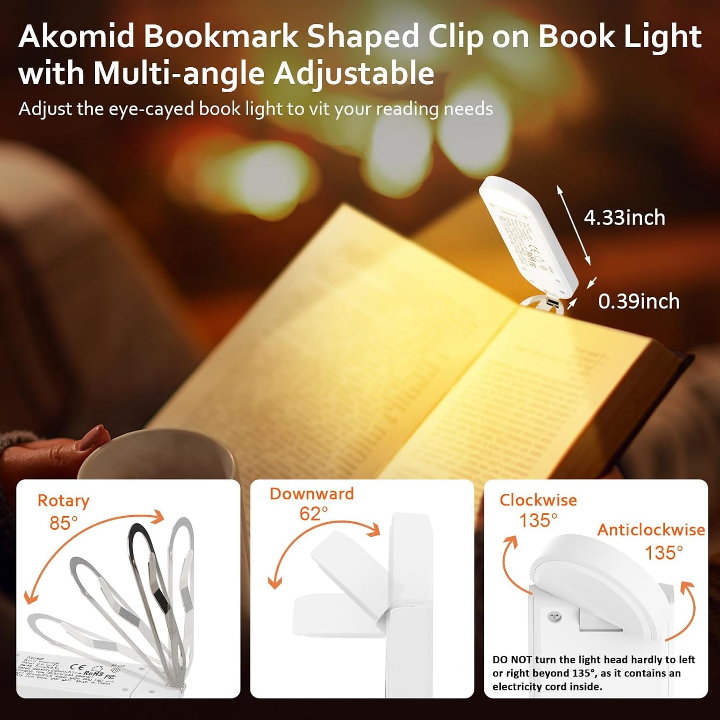 Book Light USB Rechargeable Clip on Reading Light, Eye-Cared Amber Light Mode Book Light for Reading in Bed Kids, 8 LEDs Bookmark Portable Stepless Dimming, White