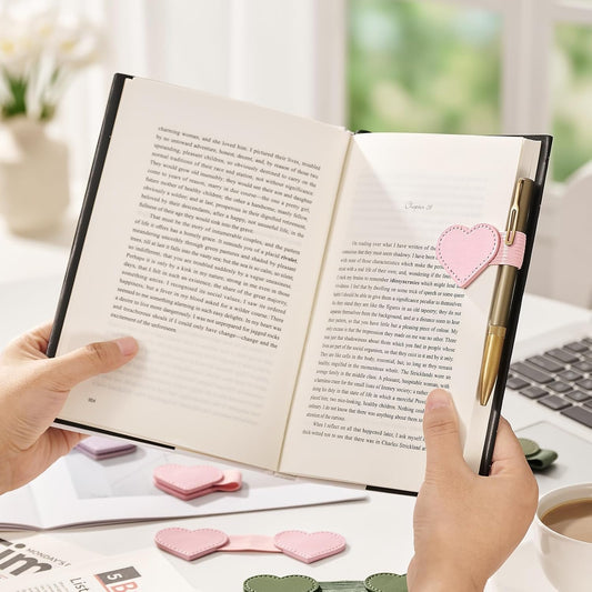 2Pcs Magnetic Leather Bookmarks with Gift Box Heart-Shaped Magnetic Pen Holder Book Marks Clip Gift for Book Lover Readers Cute Bookmark for Women, Pink