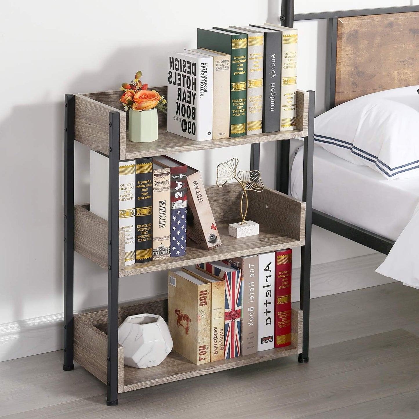 VECELO Bookshelf, 30" H Small Bookcase,3-Tier Storage Organizer,Wood Bookcase with Steel Frame,Shelving Unit for Living Room,Classroom,Office,Dormitory