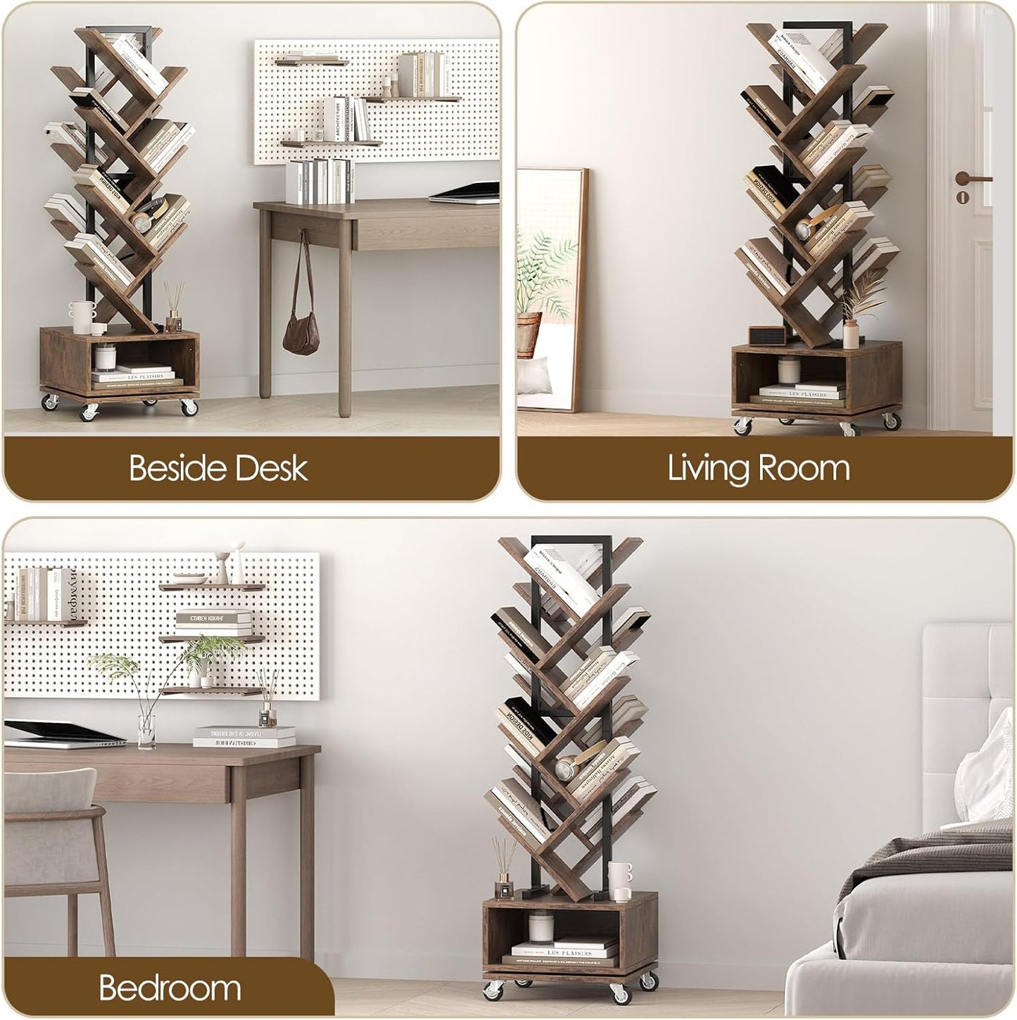 14-Tier Tree Rotating Bookshelf, 360 Degree Spinning Retro Floor Standing Bookcase with Storage Cabinet for Magazines DVDs Books for Small Spaces in Bedroom Living Room Home Office, Rustic Brown