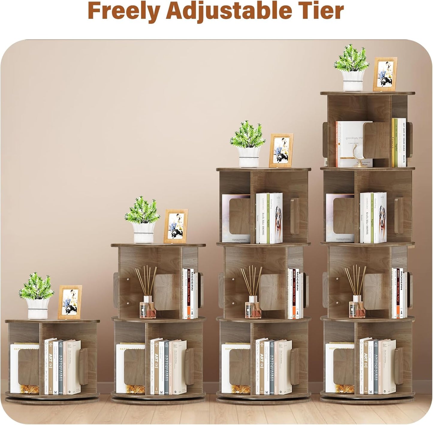 Wooden Rotating Bookshelf 4 Tier, Round Revolving Bookcase, 360° Spinning Book Shelf Tower Kids, Narrow Bookshelves Lazy Susan Organizer for Small Space, Corner, Bedroom, Living Room, Office, Walnut