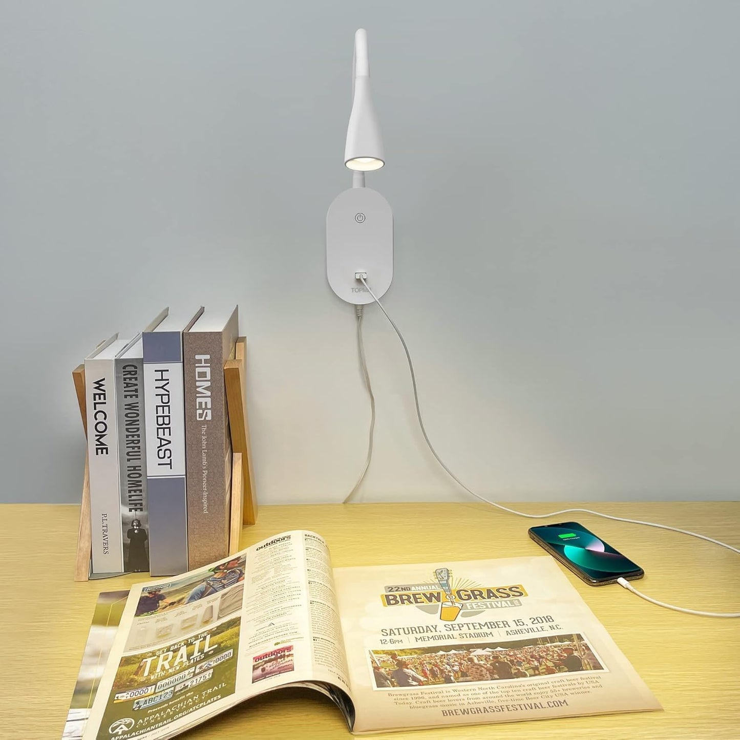 Wall Reading Light for Books in Bed, USB Output Headboard Wall Lamp,5 Dimmable Touch Control Reading Lamp,LED Warm Light Easy to Install 3000K