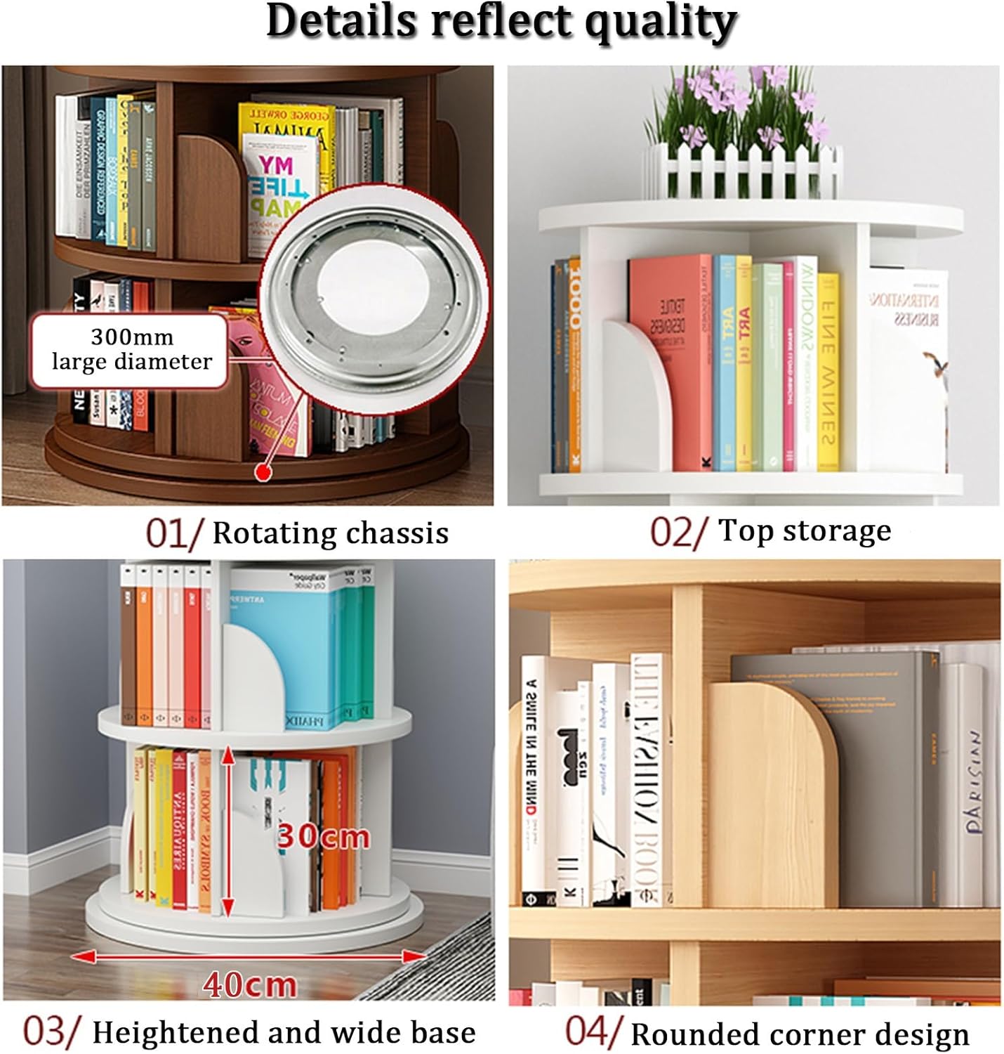 YVYKFZD 360° Rotating Bookshelf, 4/5 Tier Bookcase, Circular Display Storage Rack, Floor Standing Book Shelf with Baffle, for Home Living Room Study Office(Wood,4 Tier 49.6x18.1x18.1in)