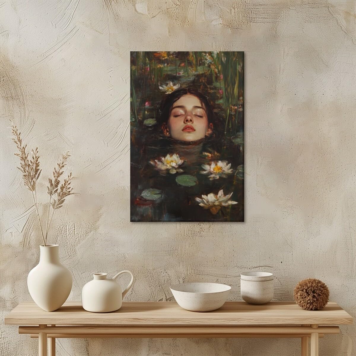 Ophelia Into Lake Dark Academia Canvas Wall Art Moody Victorian Floral Print Gothic Occult Home Decor Antique Oil Painting Rustic Vintage Poster Cottagecore Aesthetic Picture 12x18inch Unframed