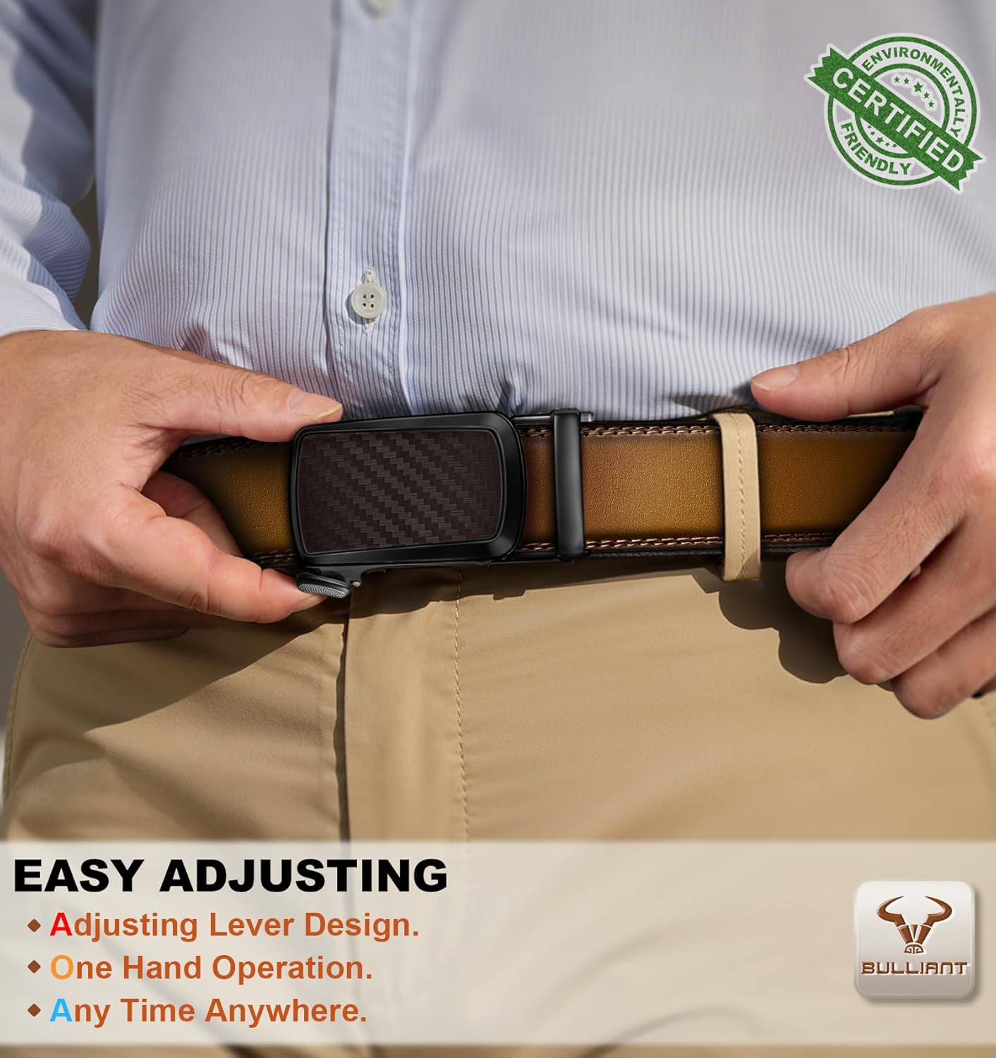 BULLIANT Men's Ratchet Belt 2 Pack-Click Leather Belt Adjustable for Men Gift 1 3/8-Cut for Perfect Fit