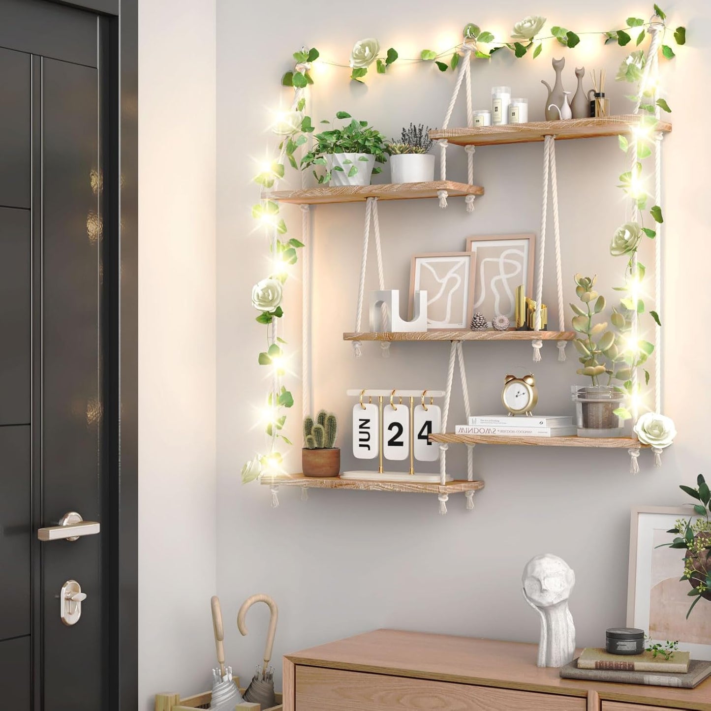 Hanging Shelves for Wall,Macrame Hanging Plant Shelf with Vine Lights 5 Tier Rope Floating Shelf Wood Organizer Storage Rack Boho Wall Decor Aesthetic for Succulents Bedroom Bathroom Kitchen
