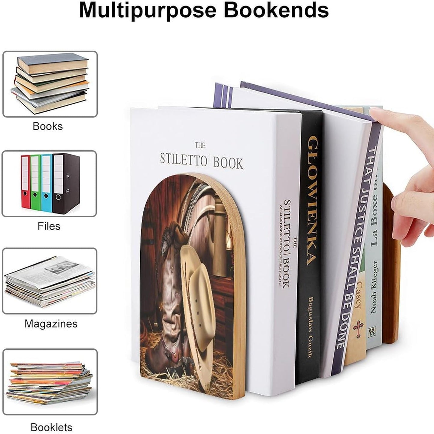 Cowboy Black Hat Western Boots Wooden Bookend Non-Slip Book Ends Heavy Duty Book Stopper with Metal Base Books Holderd Decorative Bookends Stands Firmly for Office Supplies