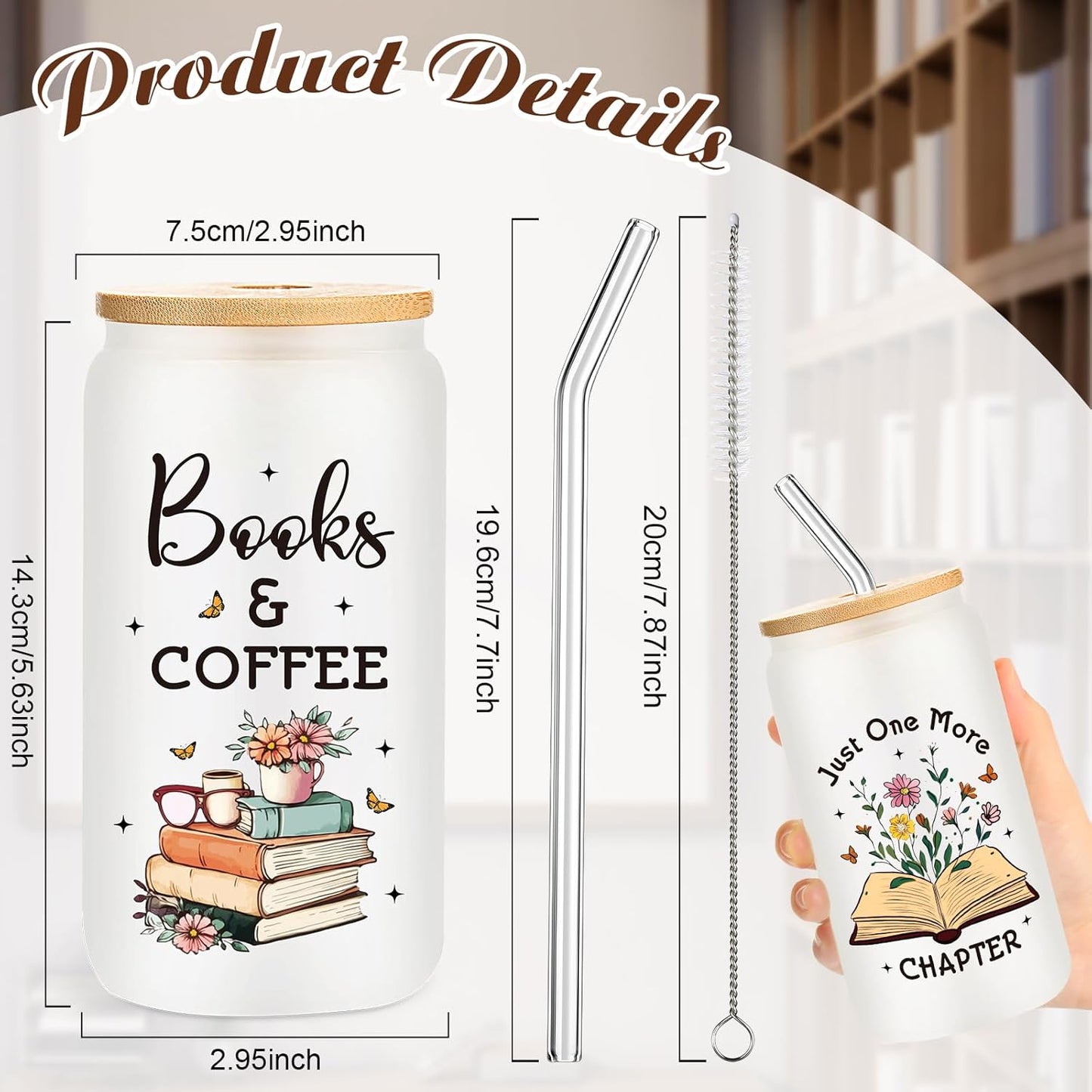 6 Pcs Christmas Book Bookish Lovers Gifts for Women Readers 16 oz Glass Cups with Lids Straws Book Club Librarian Appreciation Christmas Birthday Gifts (White)