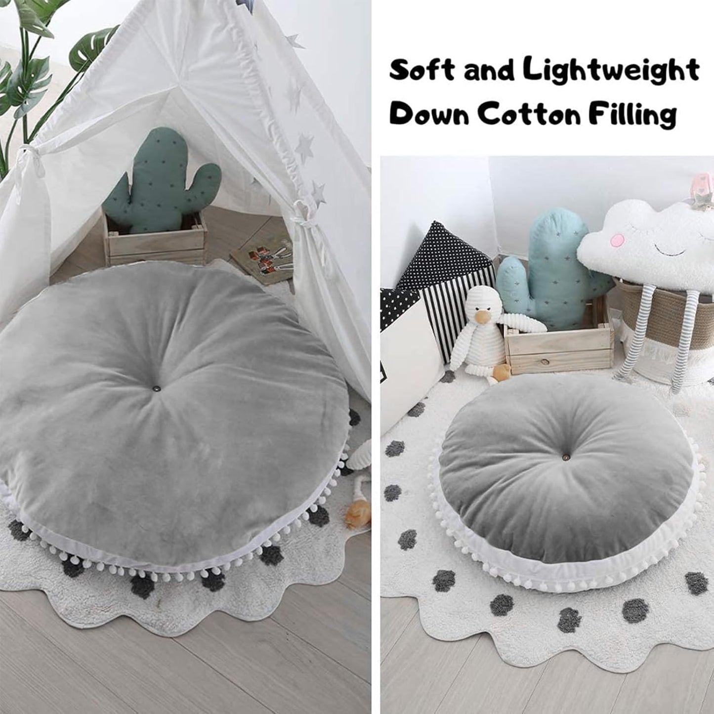 Large Kids Floor Cushion Seating, Circle Kids Floor Pillow for Children, Round Playroom Pillows Reading Nook Big Pillow, Oversized Pillow Mat for Kid Seating Teepee Nursery Canopy, Grey
