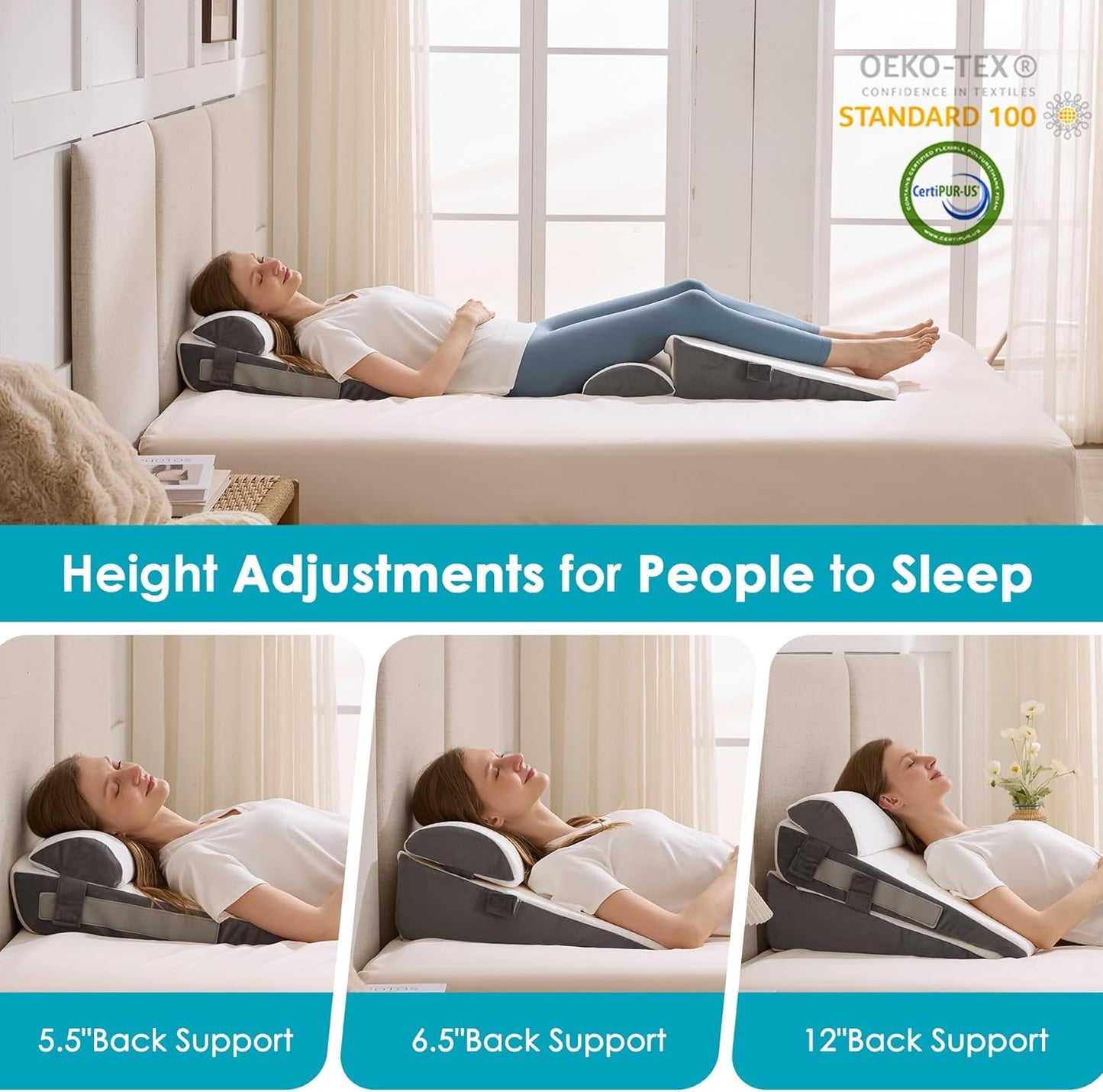 3Pcs Wedge Pillow Set for After Surgery,Acid Reflux Relief, Adjustable Bed Wedge Pillows for Sleeping,Anti Snore, Memory Foam Triangle Pillow for Back&Neck&Shoulder Pain Relief, White&Grey
