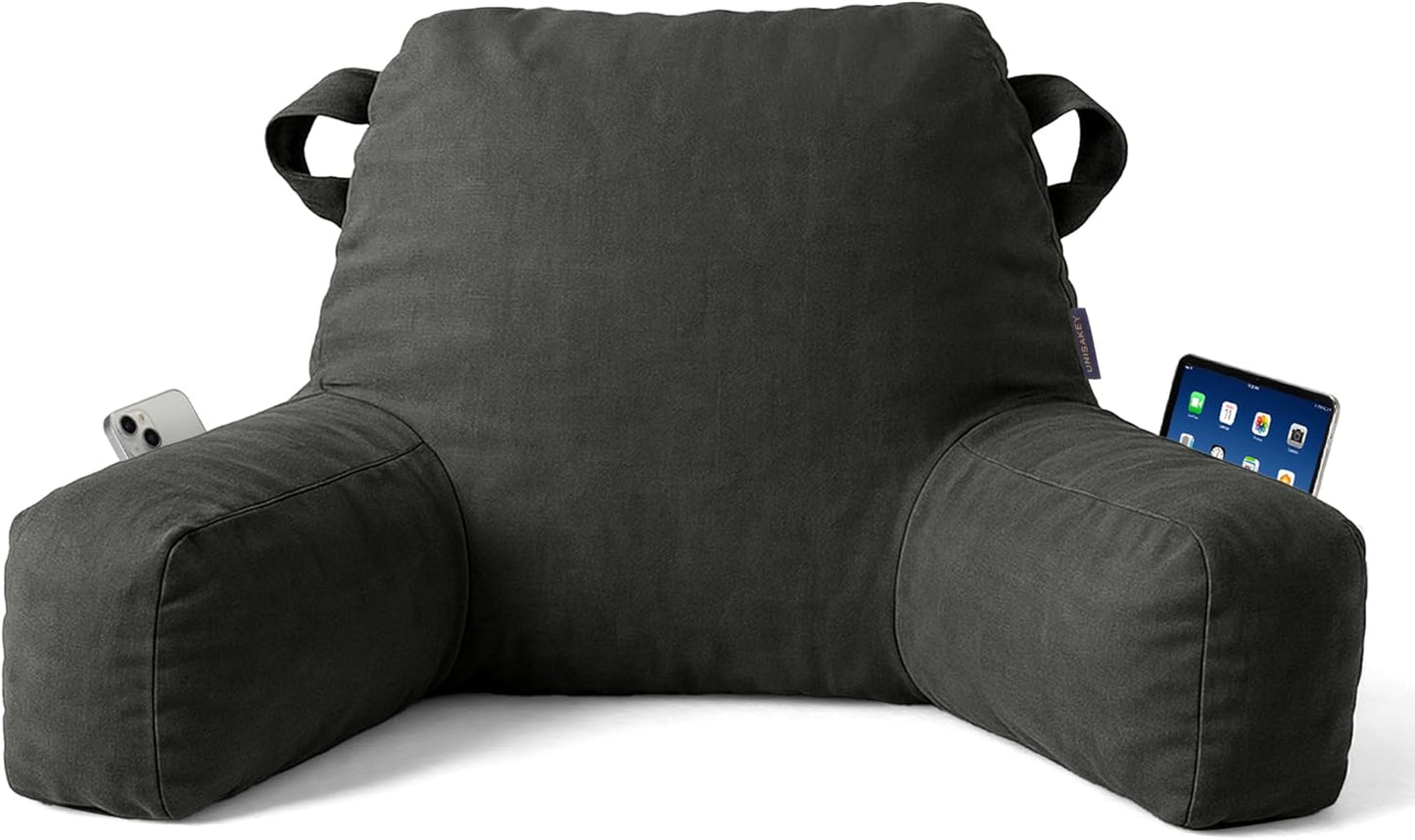 Portable Comfy Reading Pillows for Bed Sitting Up(Grey Oeko-Tex), Velvet Back Pillow with Arms & Pockets for Adults, Support Memory Foam Bed Pillow for Dorm/Reading/Watching/Gaming