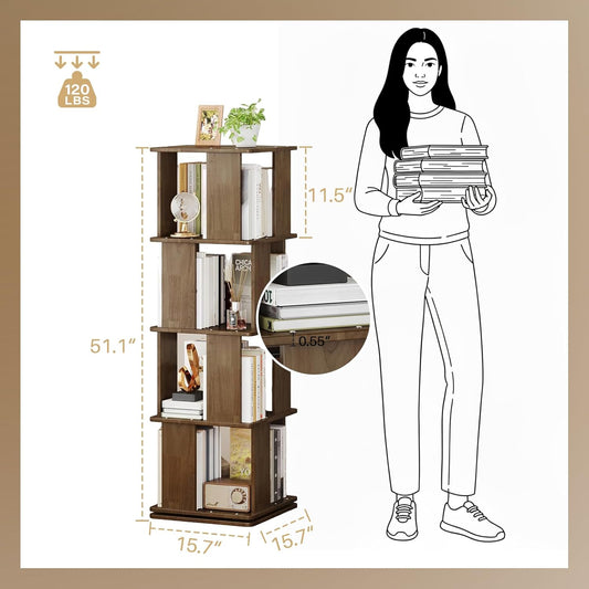 Wooden Rotating Walnut Rectangle Bookshelf Tower - 4 Tier 51“ H Tall Corner Bookshelf for Small Space, 360° Spinning Revolving Solid Wood Modern Bookcase Tower for Living Room, Bedroom, Home Office