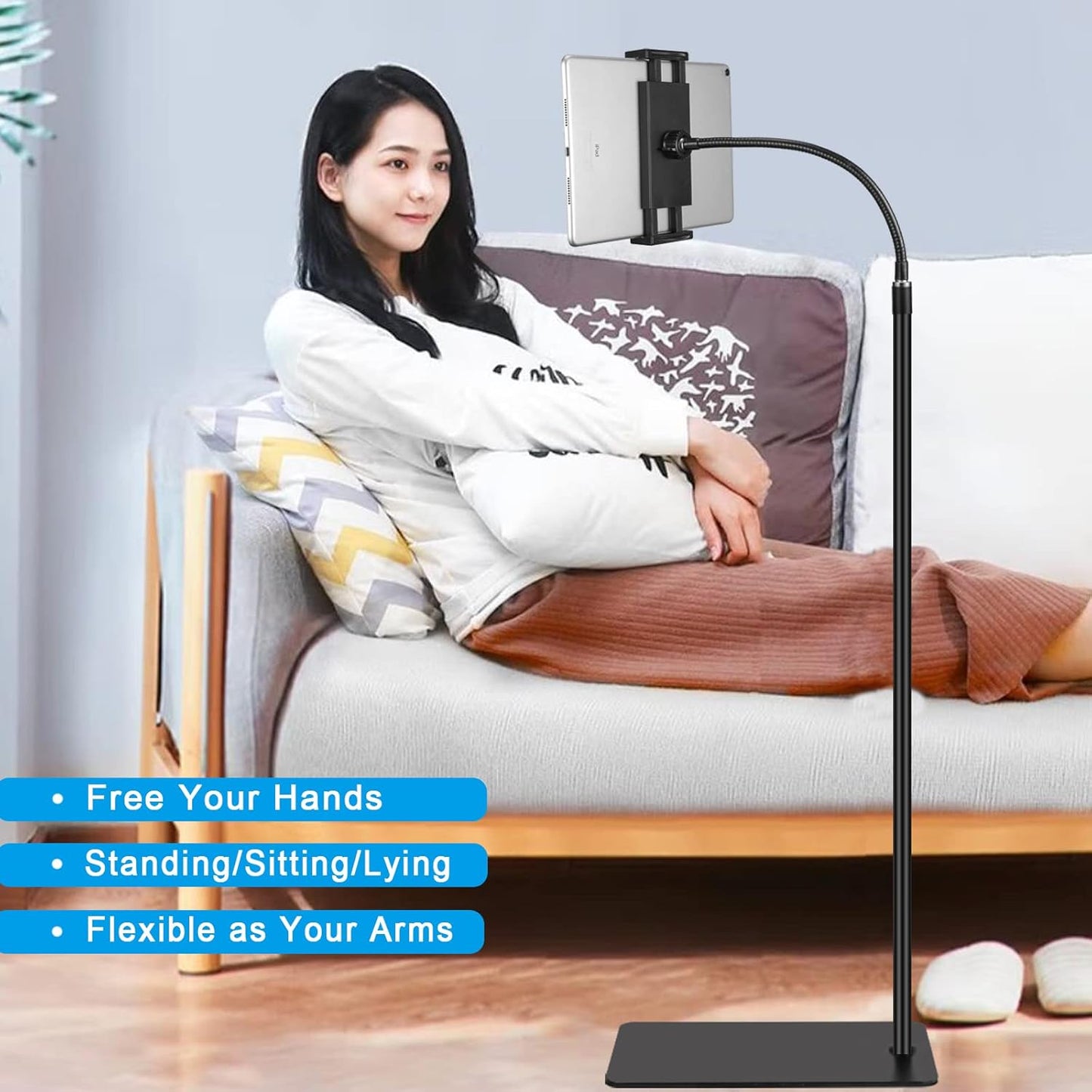 Tablet Floor Stand with Double Weight Base 360-degree Rotatable Metal Tablet Holder with Flexible Gooseneck Holder Long Arm for iPad Mini Air Pro, All Cell Phones iPhone & Tablets (4.5-12.9-inch)