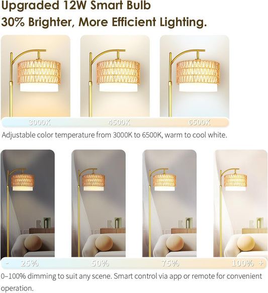 Rustic Woven Rattan Floor Lamp – Golden Finish, Arc Design, 12W LED (1 in use + 1 Spare), Remote & Dimmable 3-Color Temperature, Tall Standing Lamp for Living Room, Bedroom & Reading Corner